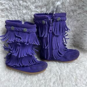 Minnetonka little girl leather suede purple fringe layers knee high boots SZ9
